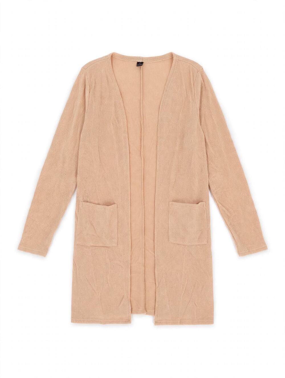 SHEIN Essnce Pocket Ribbed Cardigan L Beige Apricot Open Front Duster Pockets